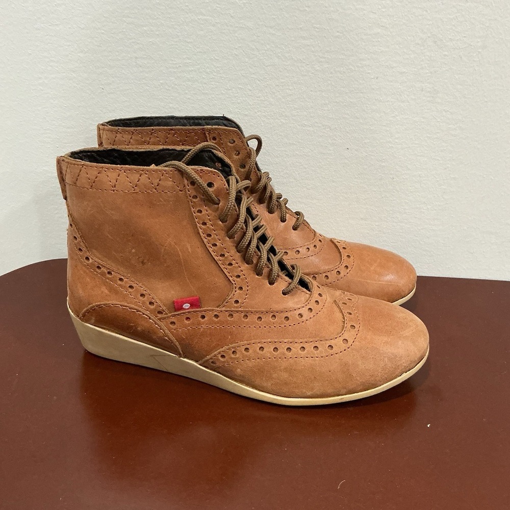 Oliberte Lalina Womens Boots Brown Leather Wingtip Wedge Ankle US 6.5-7
